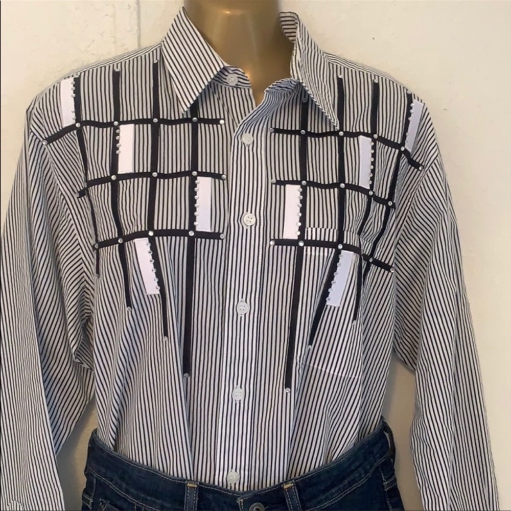 Vintage Fortune striped embroidered rhinestone long sleeve buttons down shirt